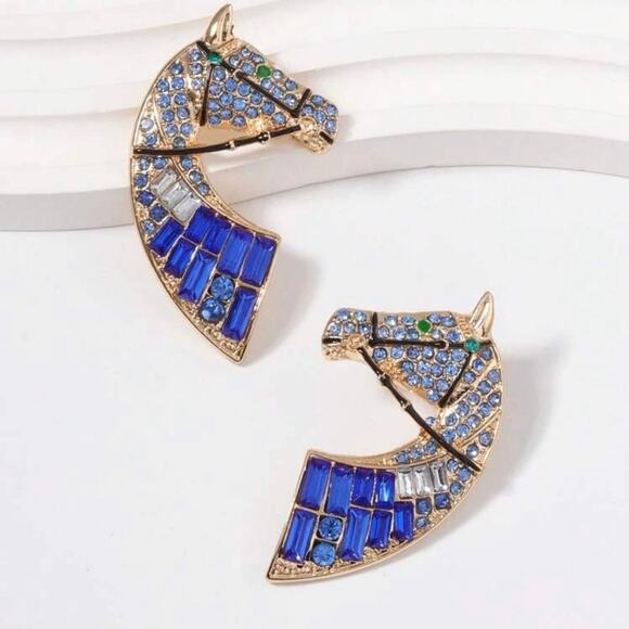 Horse Head Blue Rhinestone Stud Earrings - Picture 2 of 2